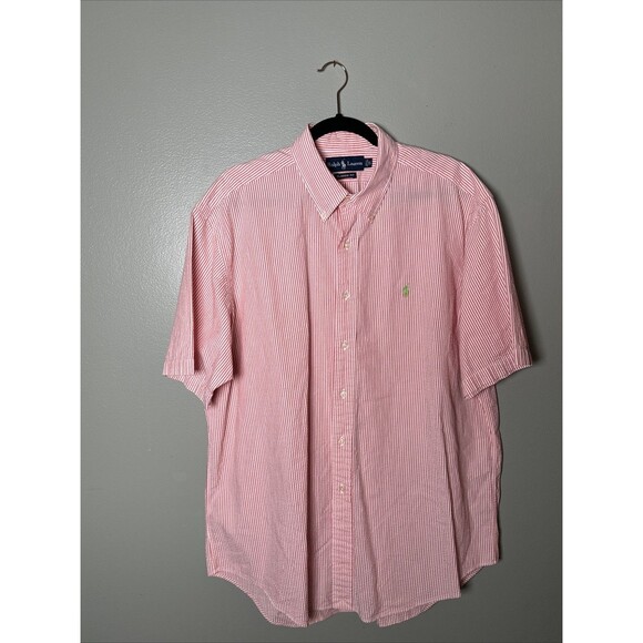 Ralph Lauren XL Cotton‎ Seersucker Shirt Striped Classic Green Pony Pink White - Picture 1 of 6